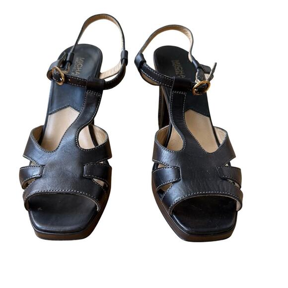 Michael Kors Black Leather Platform Open Toe T-strap Sandals Size 8M 90's Y2K - Picture 13 of 14